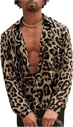 VIPWOLF Mens Leopard Button Down Shirts Cheetah Graphic Long Sleeve Hipster Cool Blouse