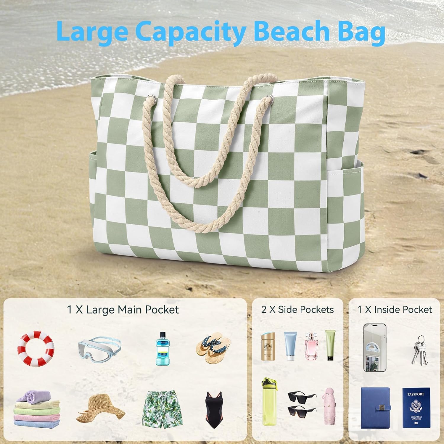Becokan Beach Bags for Women Checkered Large Beach Tote Bag Zipper Beach Bags Waterproof Sandproof Canvas Swim Pool Bag - Image 7