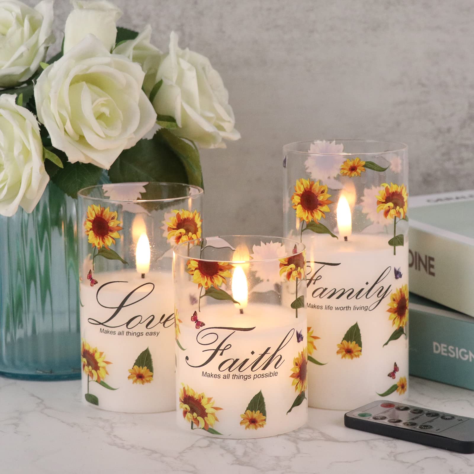 Eldnacele Sunflower Glass LED Candles with Remote, Battery Powered Flickering Flameless Candles for Summer Home Decoration Mother's Day Gift(3 x 4,5,6 Inches) โ image 1