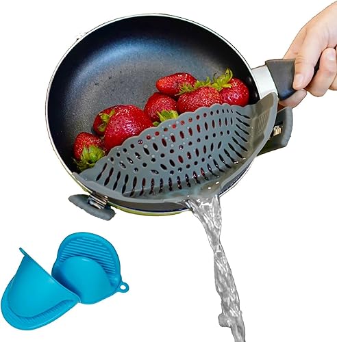 CAPOFERRI Colador de silicona con clip para macetas y guantes de silicona colador de silicona duradero y seguro para todas las ollas gris 866 x 315