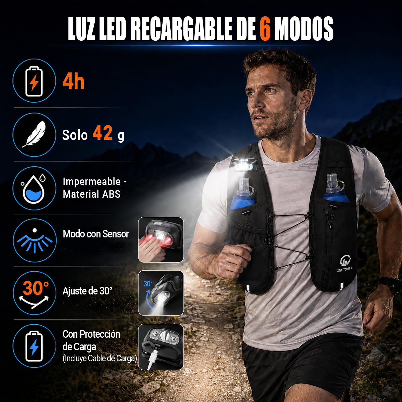Chaleco Running Hombre Mujer con 2× Soft Flask 500ml y Luz LED Recargable, Chaleco Hidratacion Trail Running, Running Vest Ultraligero, Mochila Hidratacion para Correr Senderismo Montaña Bici