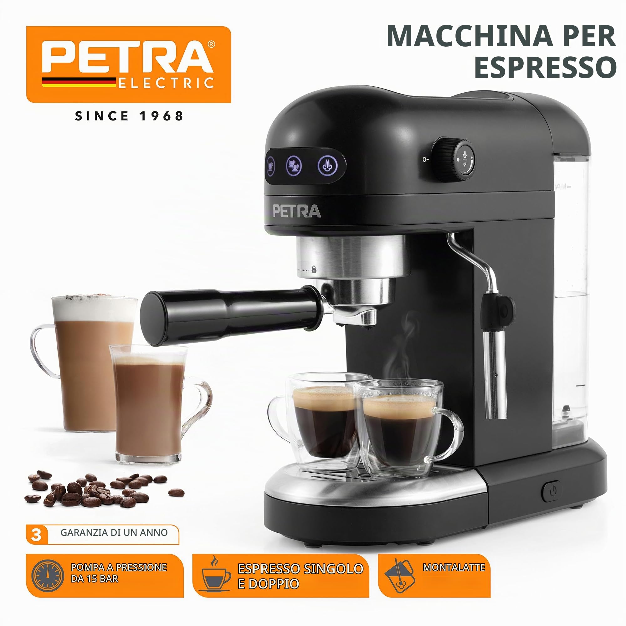Petra PT5240 Macchina da caffè espresso con montalatte - Espresso da 1,4 litri stile barista singolo o doppio, pompa a pressione 15 bar, senza BPA, compatibile con caffè macinato, 1465W, nero