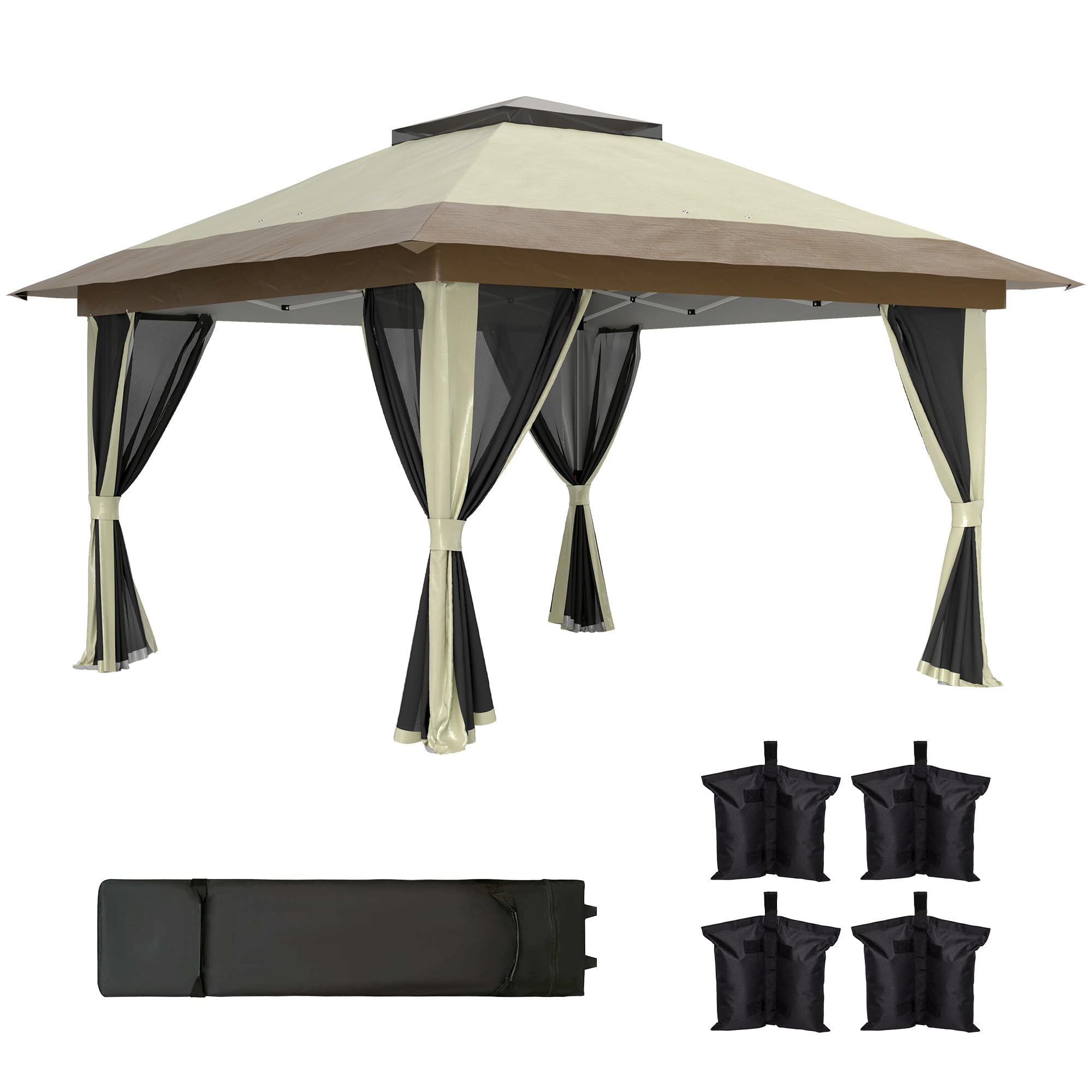 Outsunny Carpa Plegable Gazebo 3,6x3,6 m Cenador Plegable con 4 Paredes Laterales de Malla Anti-UV Altura Ajustable Bolsa de Arena y Bolsa de Transporte para Camping Fiestas Crema