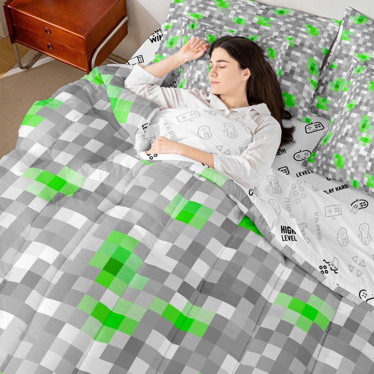 Miner Grid 7 Pcs Bedding Sets Queen Pixelated Patchwork Geometric Plaid Comforter Set Game Theme Abstract Green Gray Decor Bed in a Bag with Comforter,Flat&Fitted Sheet,2 Pillowcases,2 Pillow Covers