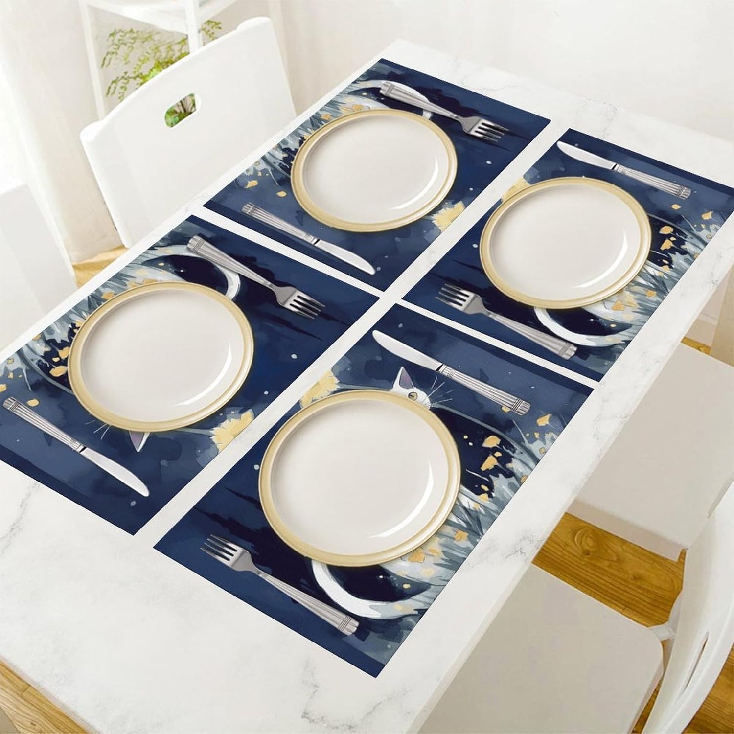 Placemats Set of 4 PCS Heat Resistant Place Mats Washable Woven Place Mats for Dining Table White Cat Placemats Non-Slip PVC Placemats for Kitchen Wedding Home Decor 12 X 18 Inch