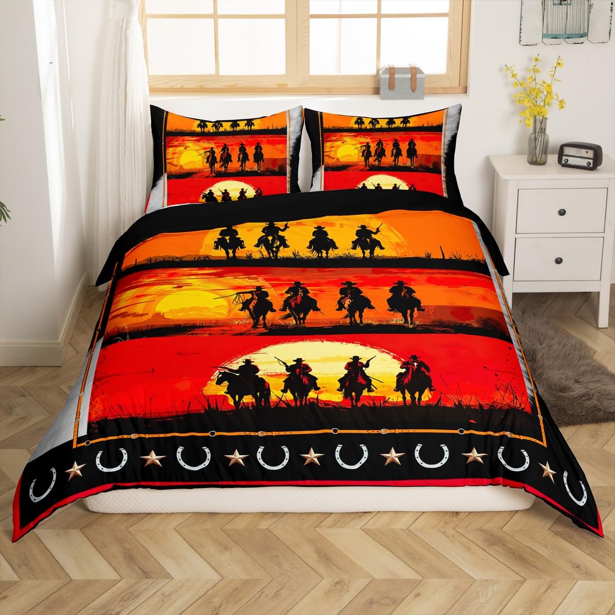 Loussiesd Orange Western Decor Comforter Cover Set Super King Size Wild West Cowboy Bedding Set Horse Setting Sun Patchwork Bedding Duvet Cover Set Horseshoes West Texas Star Bedspread Cover — image 1