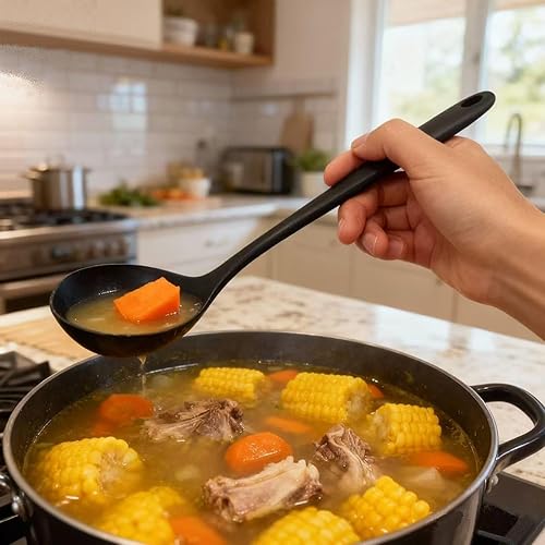 Miniatura 5 de Cucharas de cocina ranuradas de silicona, cucharón de cocina, cuchara coladora, cuchara espumadora, cucharón de sopa, cucharas ranuradas para