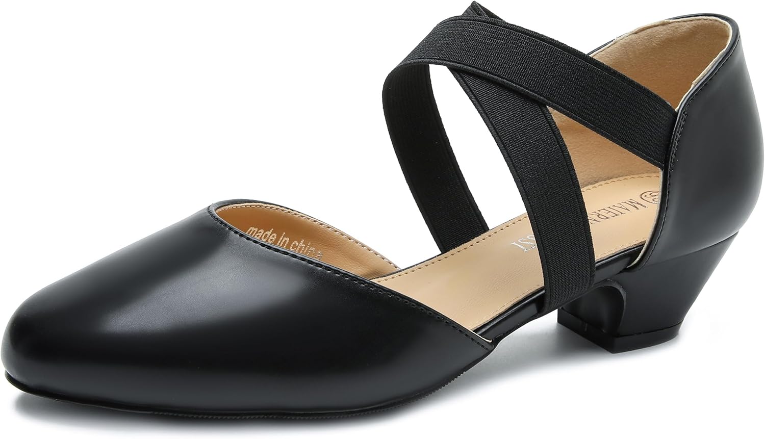 Women's Low Chunky Heel Pumps Elastic Crisscross Strap Pull On Dress Dance Shoes