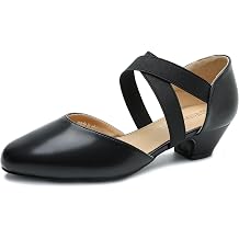 Womens Low Block Heel Pumps with Elastic Cross Straps, 1.57 Inch Heel Pull On Dress Dance Shoes