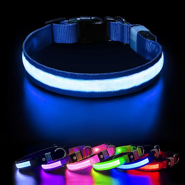 Light Up Dog Collar, LED Dog Collar Light USB Rechargeable and 100% Waterproof, 7 Colors Change Glowing Dogs Collar Super Bright Dog Light Up Collar for the Dark for Small Medium Large Dogs, Blue M