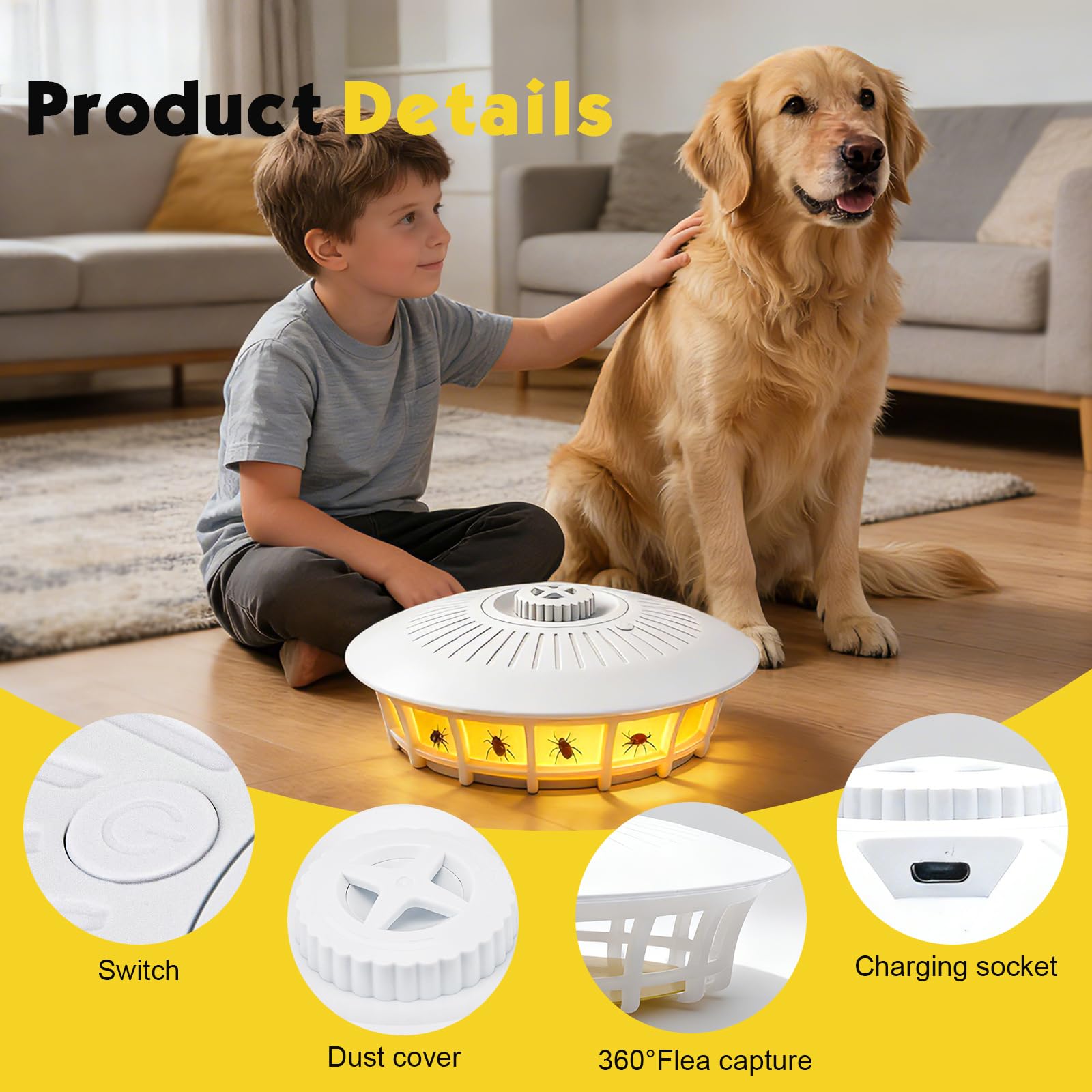 Trappola per pulci con luce LED a 360° per appartamento, include 15 adesivi e 4 modalità luminose. Doppia alimentazione, non tossica e inodore. Ideale per soggiorno, cucina, camera da letto e tappeti