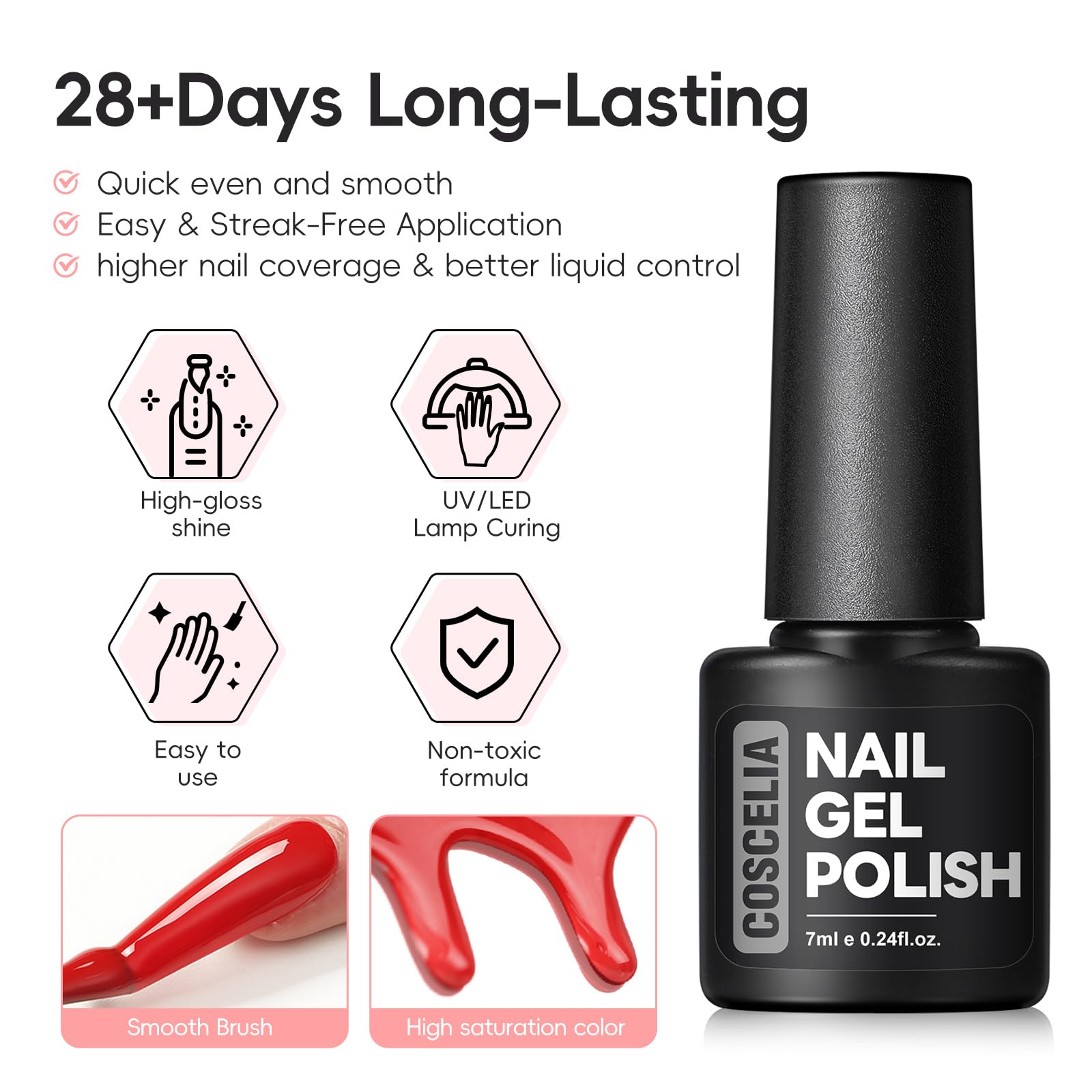 COSCELIA 40Pcs Vernis Semi Permanent, 35 Couleurs Vernis Gel UV Semi Permanent avec Base Coat Top Coat Mat Brillant Pailleté, Rouge Blanc Rose UV/LED Vernis à Ongles pour DIY Kit Manucure