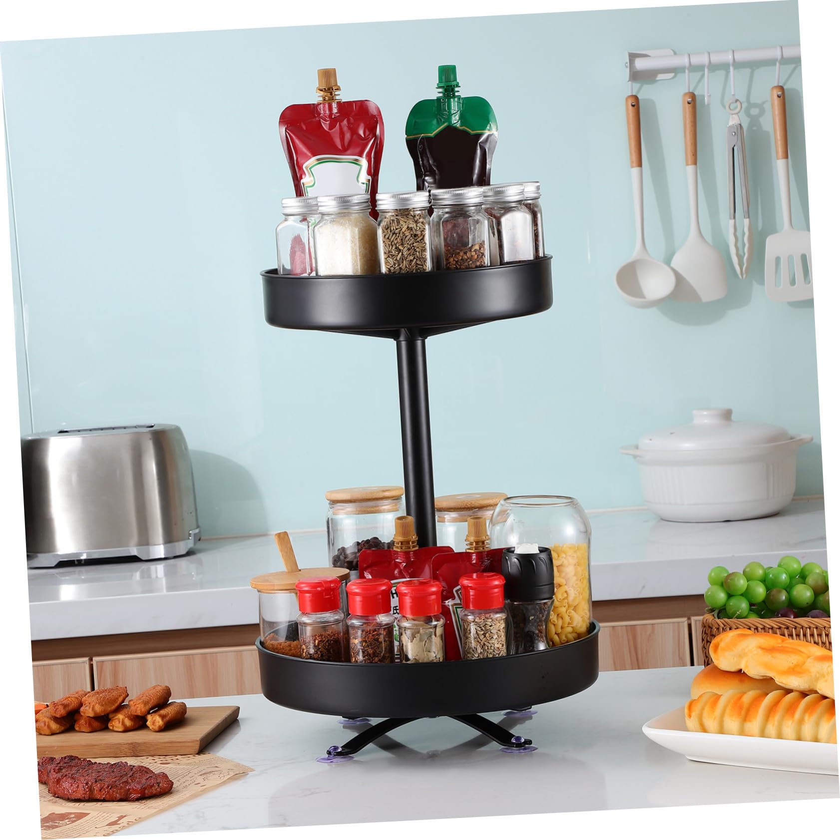 BESTYASH Organizador Giratorio de Condimentos Plato Giratorio, Estante para Almacenar Salsas en Cocina, Plástico y Acero Inoxidable, Diseño Simple y Resistente