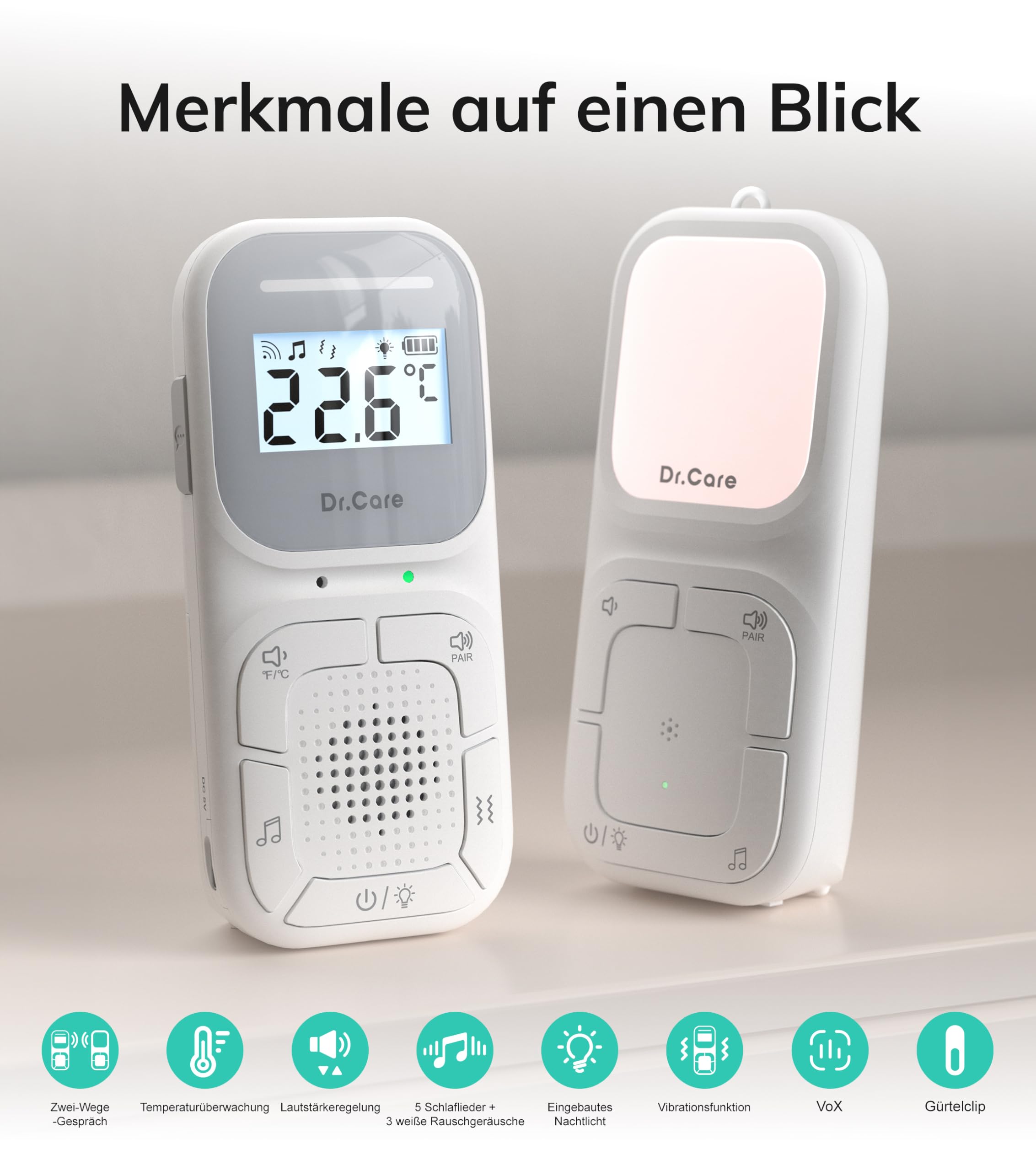 Dr.Care NeoGo Audio Baby Monitor – Vorgepaart, Gegensprechfunktion, VOX, Nachtlicht, Schlaflieder, Vibrationsalarm, 300 m Reichweite, Akku, Clip & Trageschlaufe, Kein WLAN
