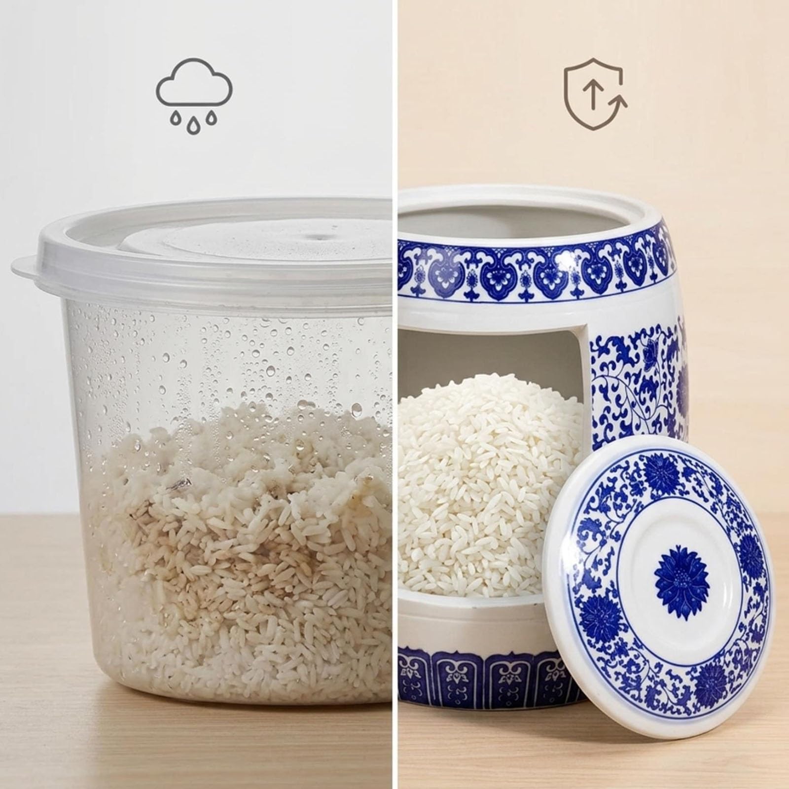 Contenedor de Cerámica Azul y Blanco, Tarro de Porcelana para Organización de Casa y Cocina, Capacidad 10kg 15kg 25kg, Recipiente para Materiales Secos
