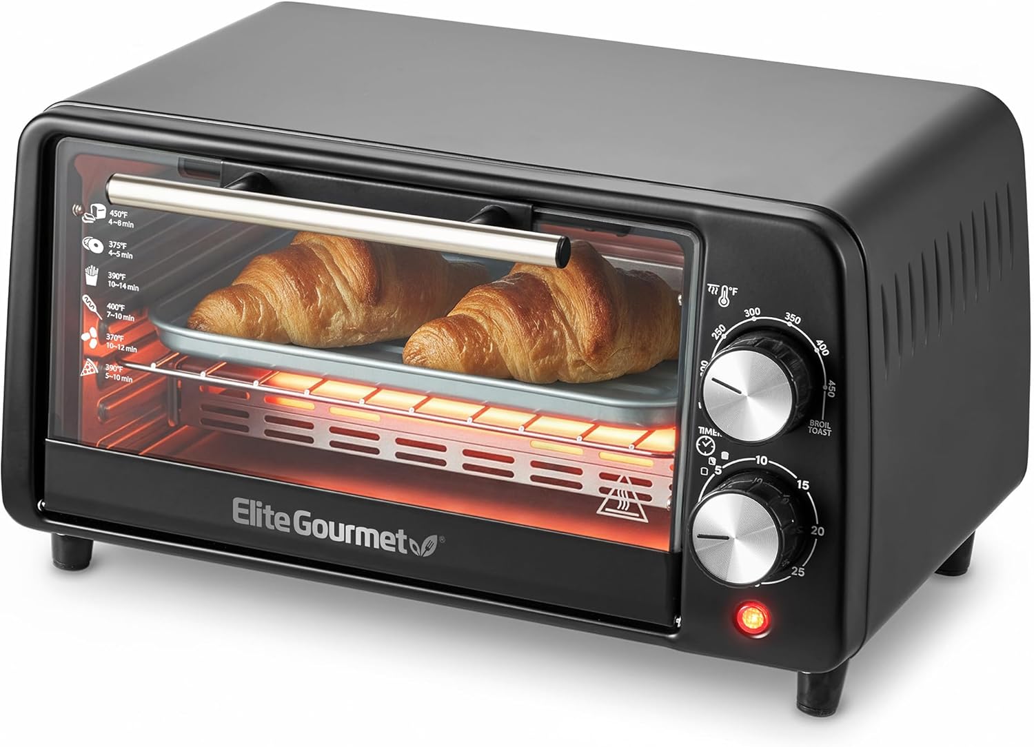 Elite Gourmet ETO449 9L / 4-Slice Countertop Toaster Oven, Compact Design, 30-Min Timer, Adjustable Temp up to 450°F, 800W Quartz Heating, Drop-Down Crumb Tray, Bake, Broil, Toast, Black 4 Slice