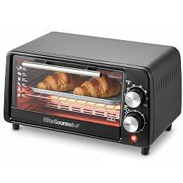Elite Gourmet ETO449X Countertop Toaster Oven, 9.5Qt / 4-Slice Capacity, Fits 8'' Pizza, 800W Quartz Heating, 200–450°F Adjustable Temperature, 30-Min Timer, Compact Mini Oven, Black