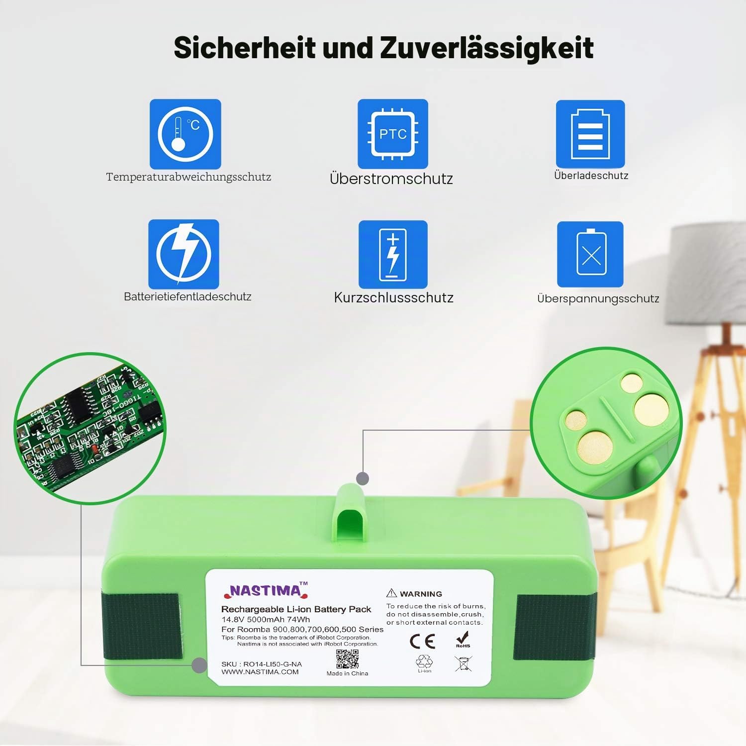 NASTIMA Upgrade 14,8V 5000mAh Li-Ion Akku Kompatibel mit Roomba 985 960 895 890 880 870 860 790 780 770 760 695 690 680 675 650 640 620 614