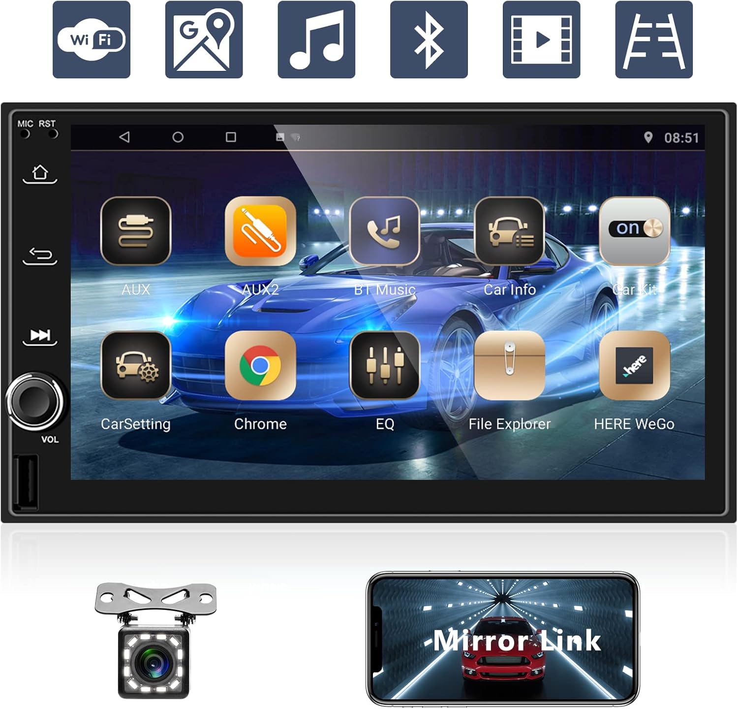 Android Double Din Car Stereo with Bluetooth, Rimoody 2 Din 7 Inch Touchscreen Car Radio with GPS Navigation FM Radio WiFi Mirror Link Split Screen USB, with Backup Camera