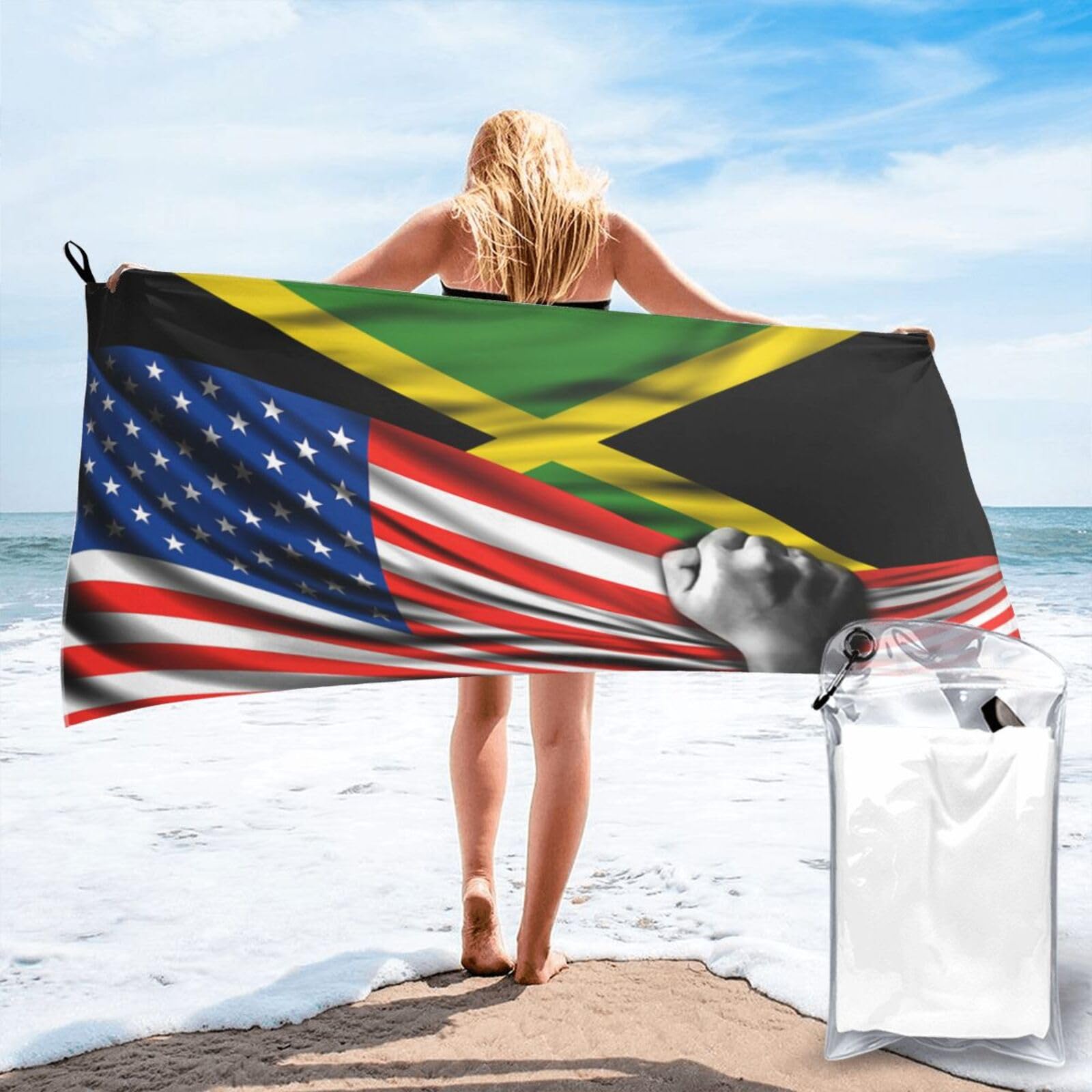 HACXZ Beach Towel America Flag and Jamaica Jamaican Flag Microfiber Beach Towel Lightweight Absorbent 31.5"X63"