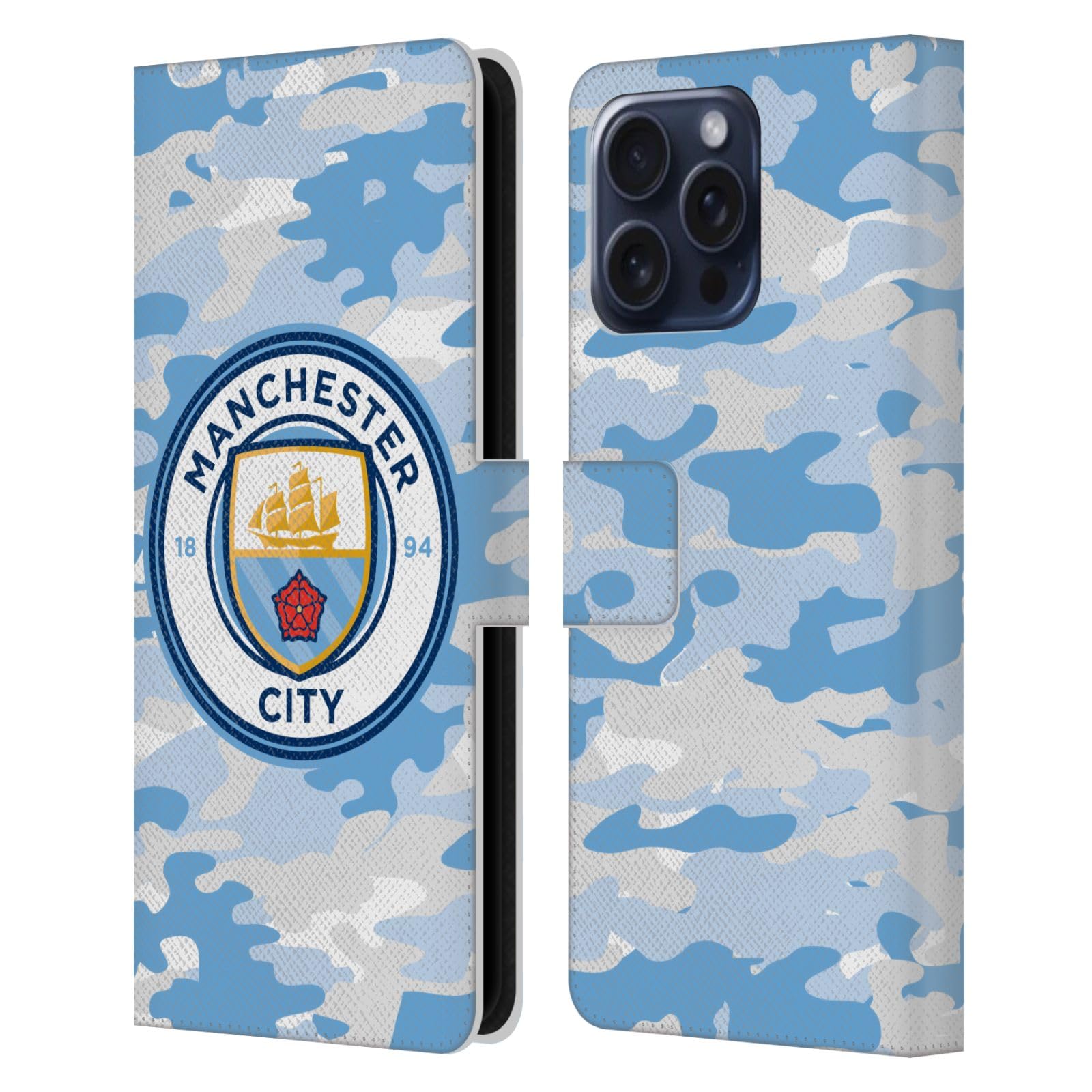 Head Case Designs Officially Licensed Manchester City Man City FC Light Blue Moon Badge Camou Leather Wallet Case Compatible With Apple iPhone 16 Pro Max