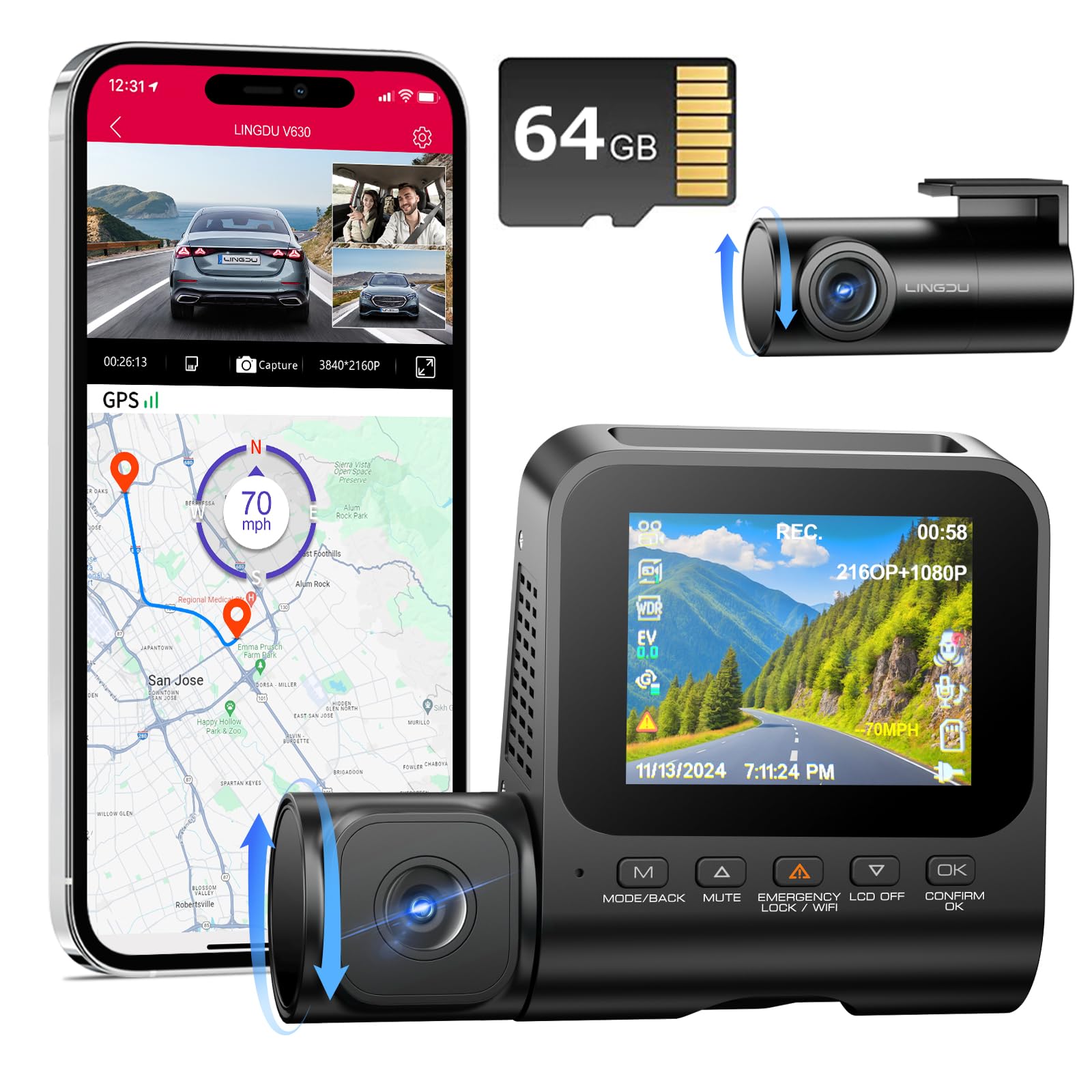3 Kanal Dashcam Auto Vorne Hinten Kabellos - 4K+1080P+1080P FHD Dreifache Dash Cam mit 2,4″ IPS Display, APP Steuerung mit 64 GB SD Karte, G-Sensor, WDR, Nachtsicht, 24 Std. Parkmonitor