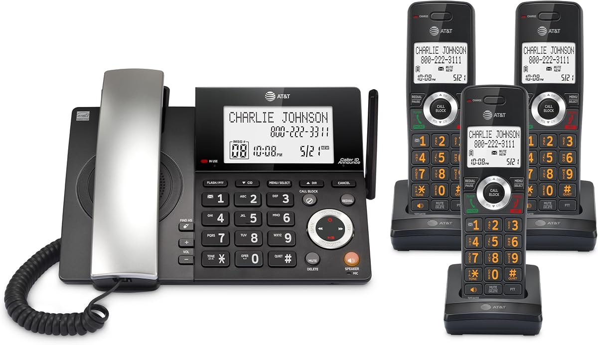 AT&T DECT 6.0 Teléfono con cable/inalámbrico, 3 auriculares, funciona durante cortes de energía, bloqueador inteligente de llamadas, contestador automático, identificador de llamadas Anuncio | CL84318