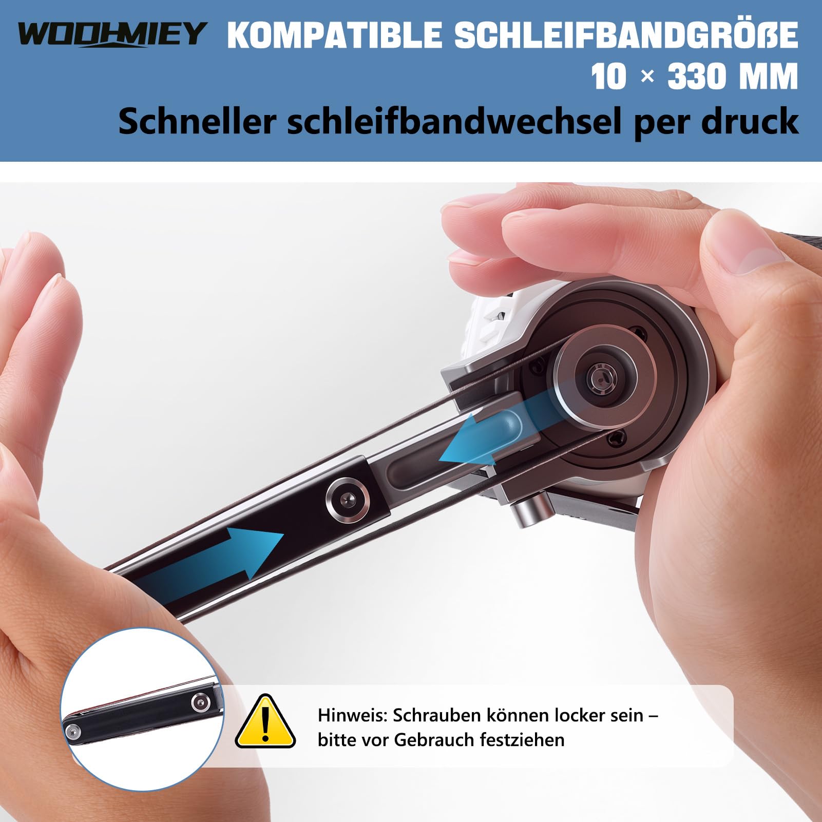 Akku-Bandschleifer, 12 V Lithium-Akku, 7000 U/min, 10 Schleifbänder (80-320 Körnung), Leistungsstarker Motor für Holz, Metall und gebogene Flächen, 2 Stunden Laufzeit, Schnellladung Weiß