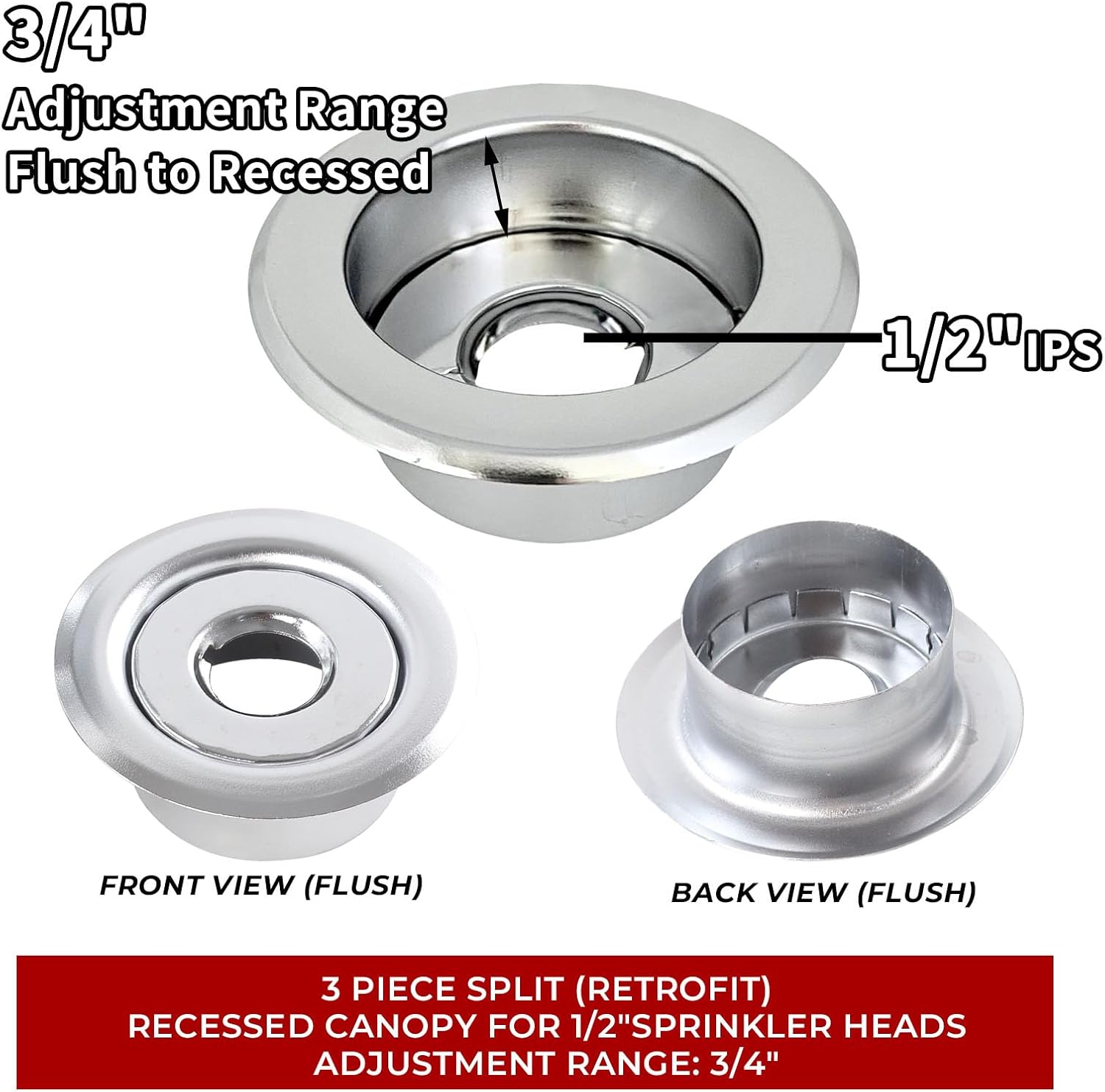 10 Pack 1/2'' IPS Fire Sprinkler Escutcheon - 3/4" Depth Adjustment Range, Recessed Chrome Escutcheon Plate Split 2 Piece for Fire Sprinkler Trim