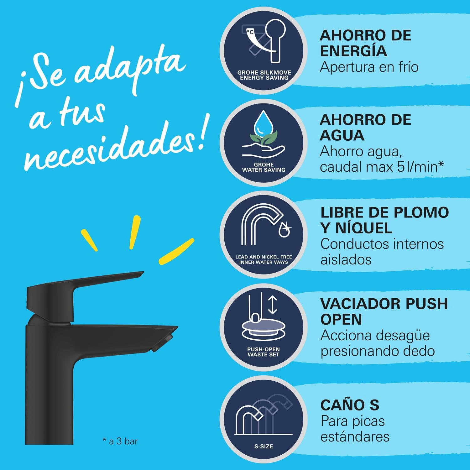 GROHE Start Grifo mezclador monomando para lavabo QuickFix (ahorro de agua, tamaño S, ahorro de energía, montaje rápido, con limitador de temperatura), Negro mate 235512432