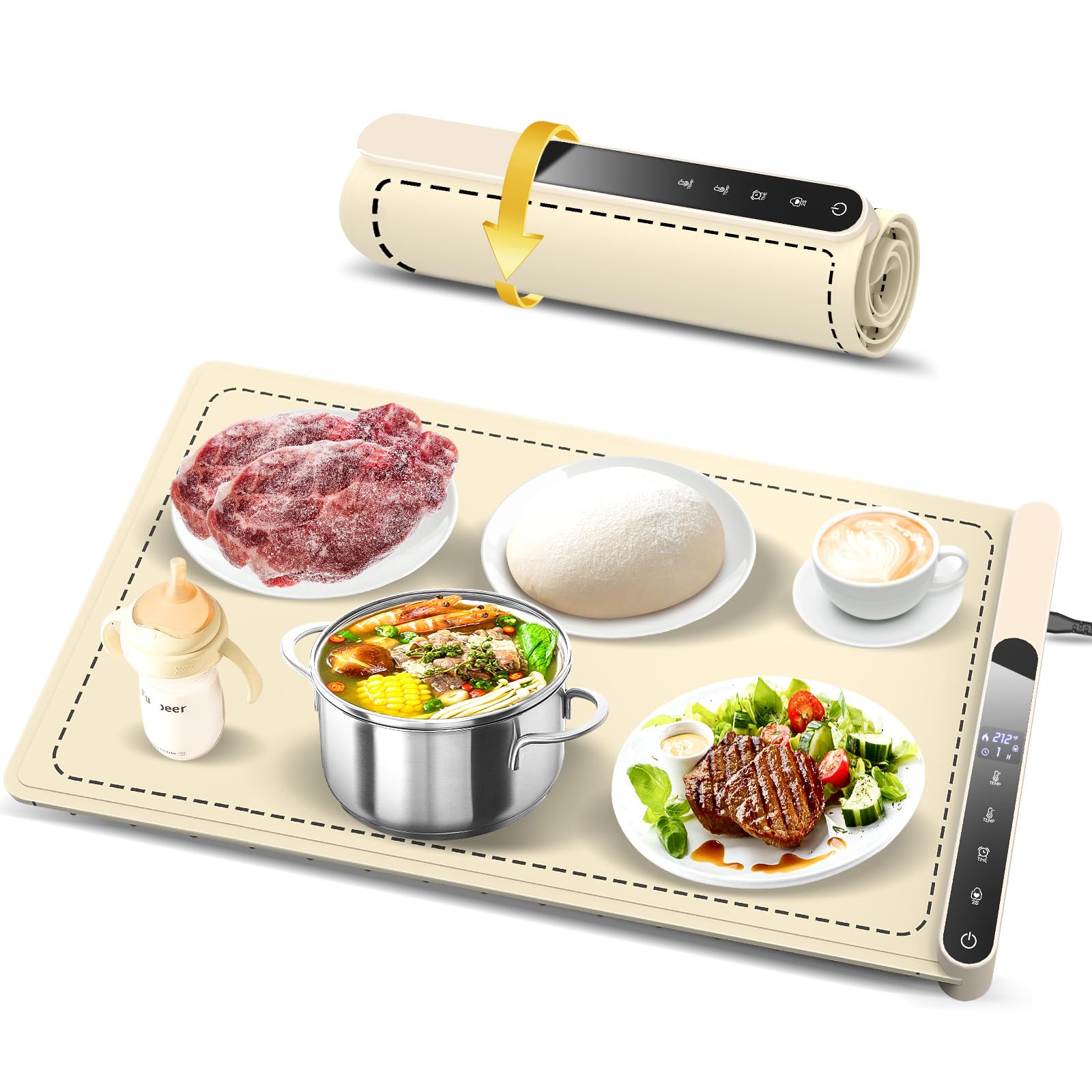 Warming Mat for Food – Fast Heating Hot Plates with 7 Temp Settings & 6 Timers, Rollable Silicone Food Warmers for Parties Buffet, Anti-Scald Raised