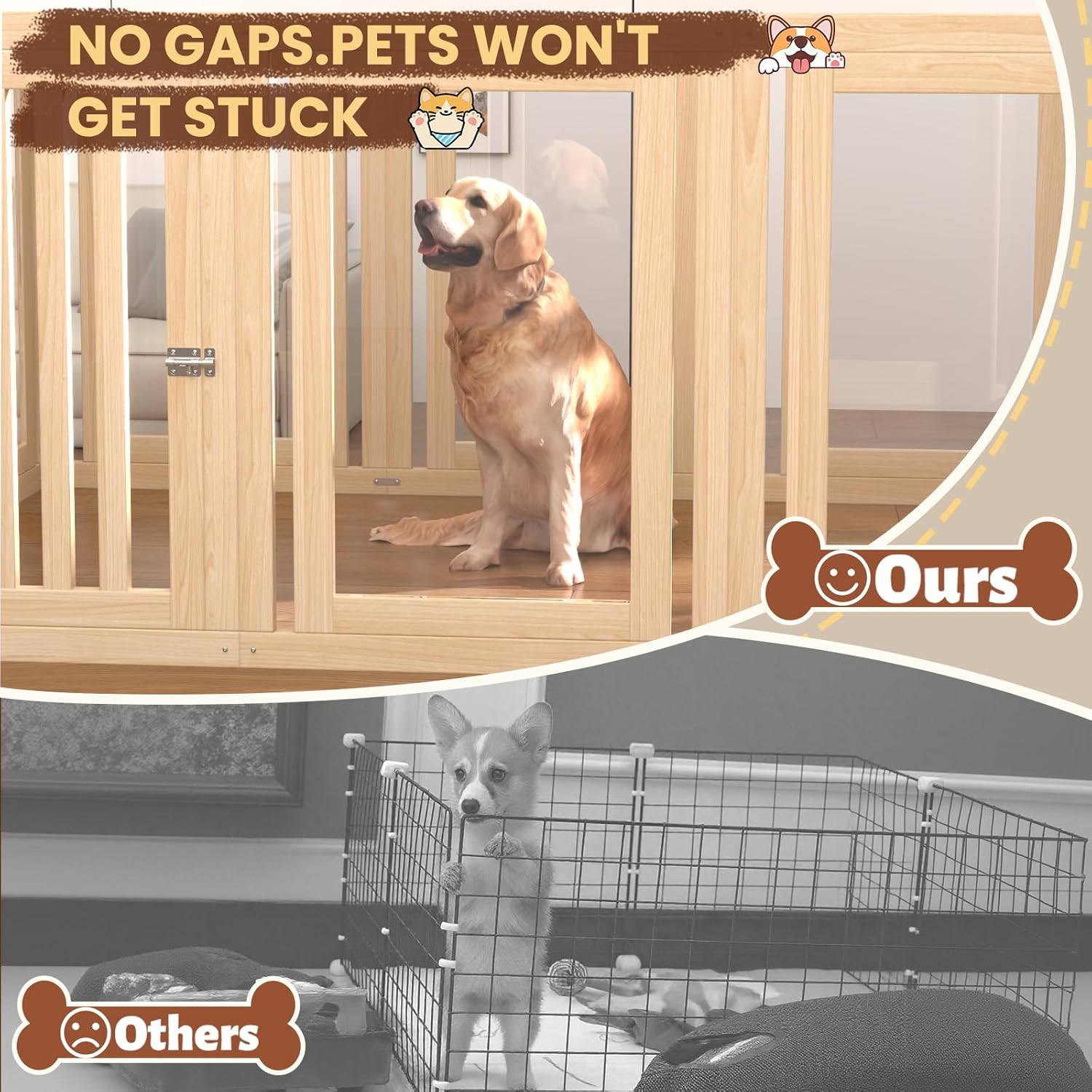 10 Panels Dog Playpen with Door, 23.6 H Pet Playpen Indoor, Clear Acrylic Puppy Playpens, Wooden Puppy Fence with Gate, Transparent Dog Pens, Pet Pen Indoor for Dogs, Cats, Rabbit (Wood)