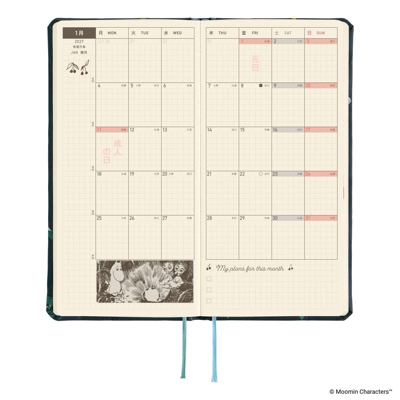 Hobonichi Techo 2027 Weeks – Moomin : une journée dans la vie de Snufkin (japonais, grand et mince, début de janvier)