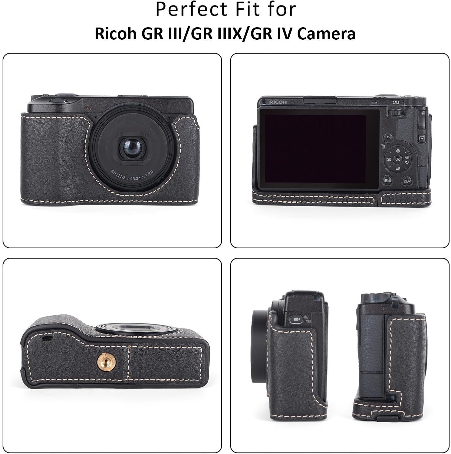 Rieibi Tasche für Ricoh GR III/GR IIIx/GR IV Kamera, abnehmbare PU Leder Schutzhülle für Ricoh GR Serie Kamera mit verstellbarem Schultergurt, Schwarz