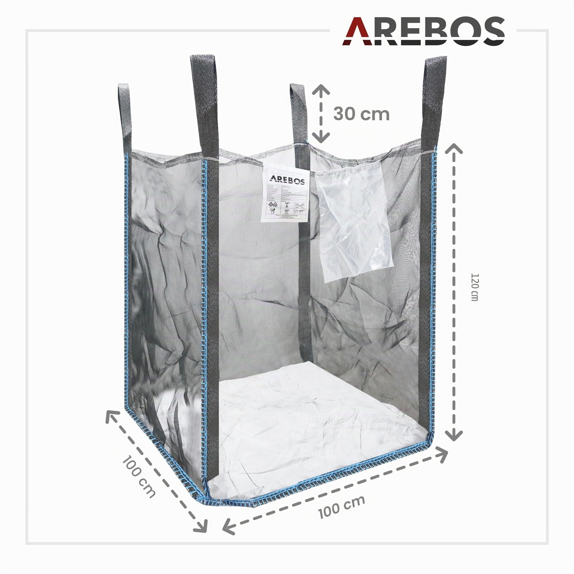 Arebos Bolsa grande | 100 x 100 x 120 cm, con 4 trabillas y delantal | capacidad de carga de 1000 kg | SF 5:1, EN ISO 21898 | saco para escombros de construcción, madera, residuos de