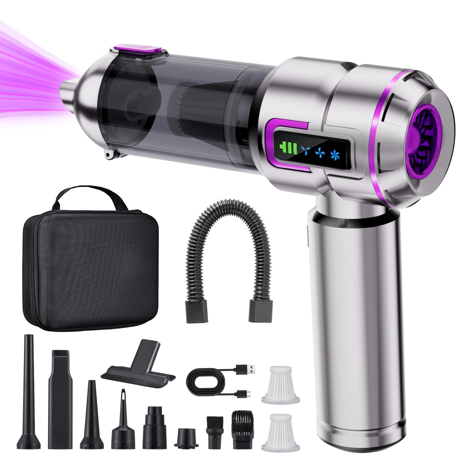 Aspirapolvere senza fili per auto, potente mini aspirapolvere da 27000PA, aspirapolvere portatile ricaricabile, ideale per pulire gli spazi ristretti di veicoli, case e uffici（Viola）