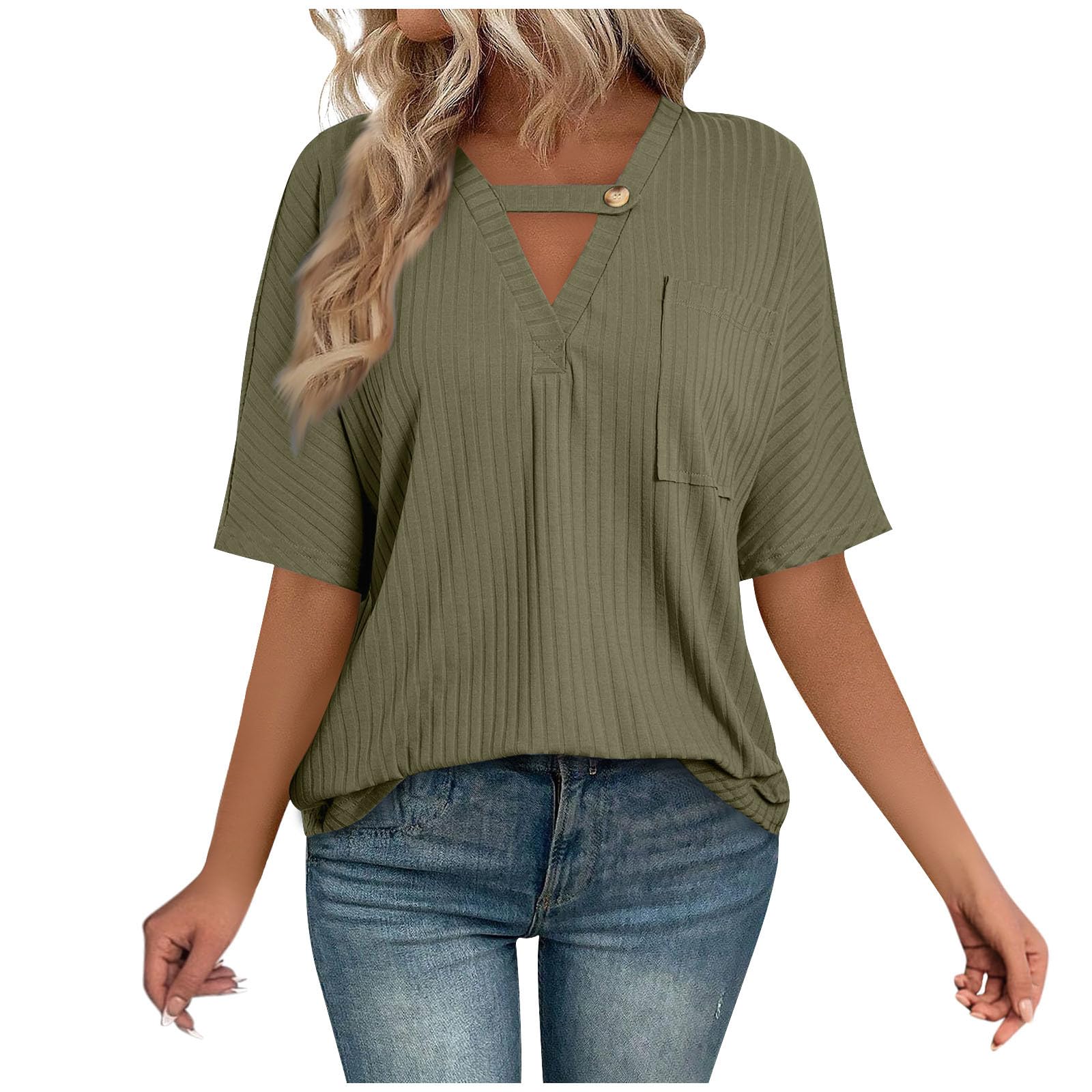 sz L Casual Tops Women V Neck Knitted Shirts Short Sleeve Loose T Shirts Trendy Comfy Blouses Summer Basic Tee Shirt