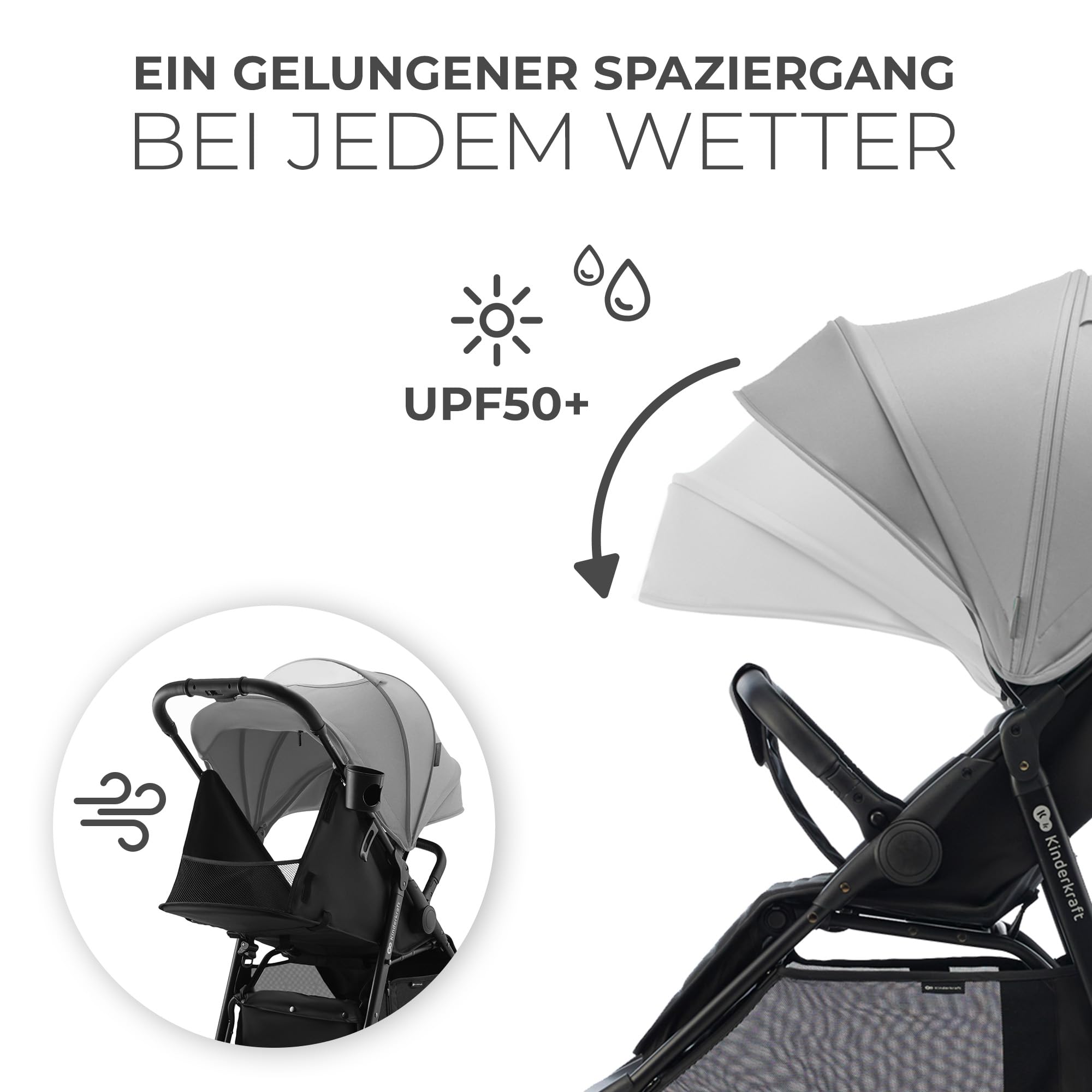 Kinderkraft RINE Buggy bis 22 kg, Kinderwagen, Mit einer Hand zusammenklappbar, wasserfestes Verdeck mit UPF50+ Filter, liegende Position, Getränkehalter im set, Grau