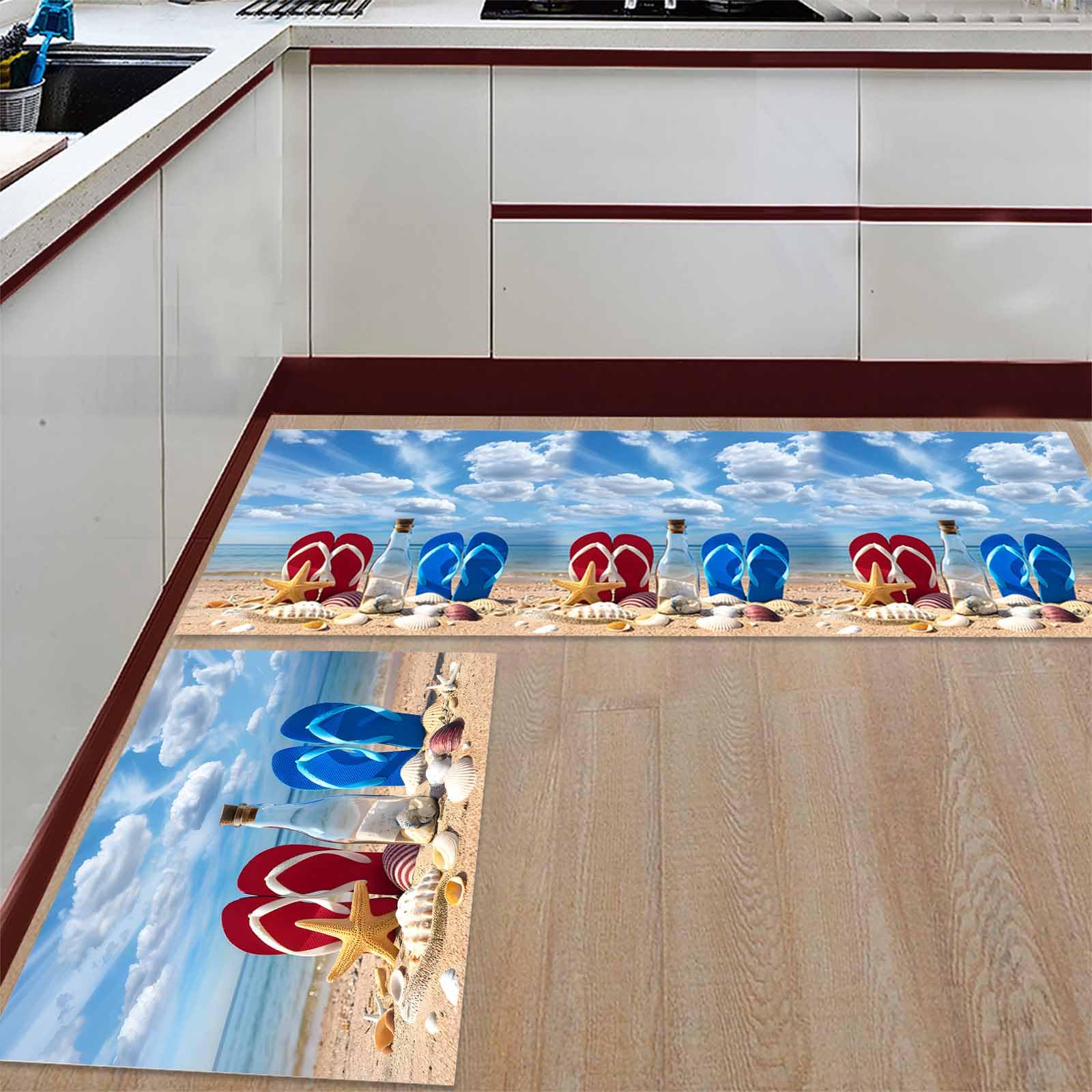 2 Pieces Kitchen Rugs and Mats,Coastal Beach Slipper Bottle Starfish Shell Area Runner Rug Set Non Slip Floor Doormat Washable Carpet Standing Mat for Kitchen Sink Corridor,Summer Seaside Theme