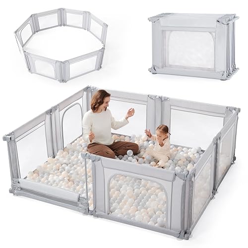 Sweeby Modular Baby Playpen, Customizable & Foldable Playpen for Babies and Toddlers with Easy Access Gate, Portable Indoor & Outdoor Play Yard, Adjustable Shape Kids Activity Center (79"x71", Grey) - 79x71 - Light Grey