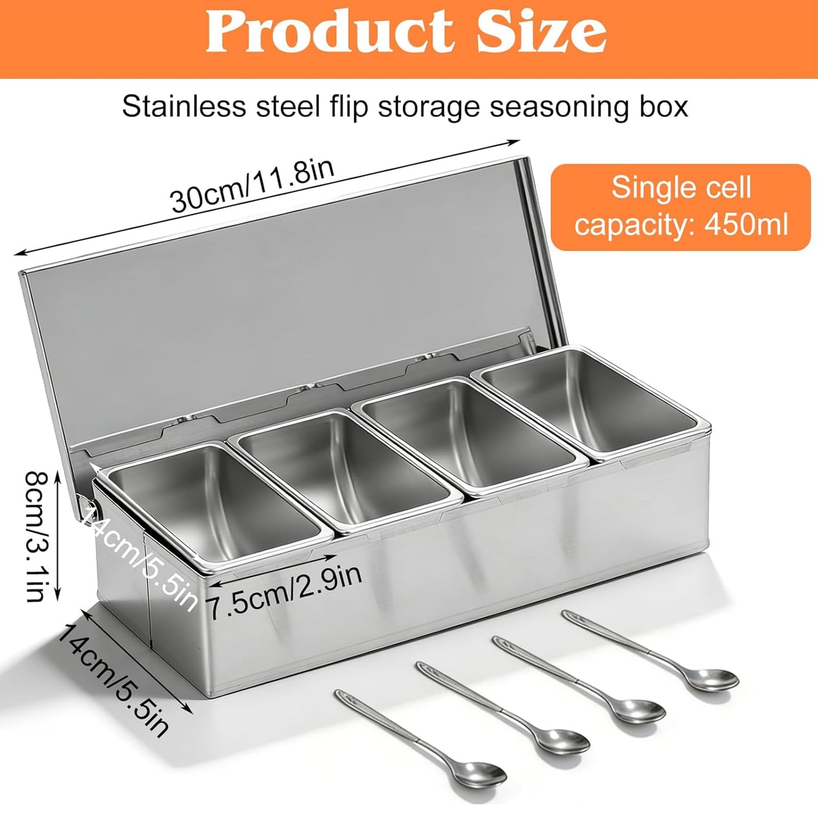 PORFOYO Zutatenbehälter Edelstahl mit Deckel, Gekühlter Gewürzbehälter mit 4 Fächern 450 ml für Bar Zitronen, Obst, Oliven und Cocktail Zutaten Beilagenbehälter für Gastro & Küche