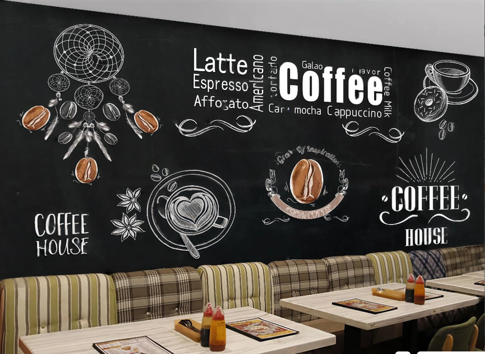 rskjdghshd Wallpaper Blackboard Hand-Painted Chalk Coffee English Letters Restaurant Afternoon Tea Dessert Shop Background Wall Western Restaurant Wallpaper Cafe Mural,3D,300x210cm