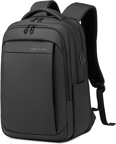 Miniatura 9 de FENRUIEN Mochila delgada para laptop para hombre, resistente al agua, ligera, con puerto de carga USB, bolsa negra para laptop de 15.6 pulgadas
