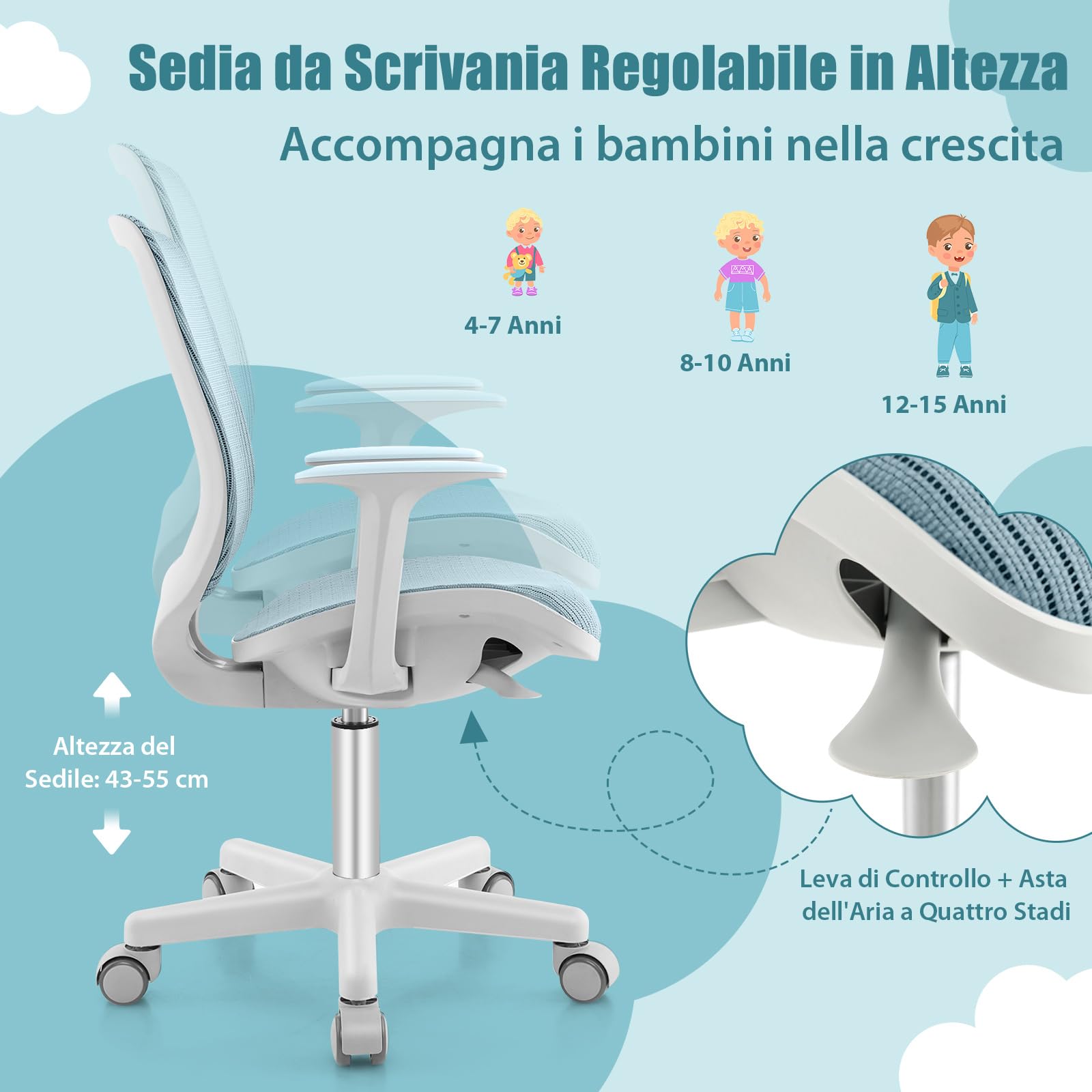GYMAX Sedia da Scrivania per Bambini 4-15 Anni, Sedia da Cameretta Ergonomica, Altezza Regolabile, Girevole a 360°, 57 x 57 x 80-92 cm (Azzurro)