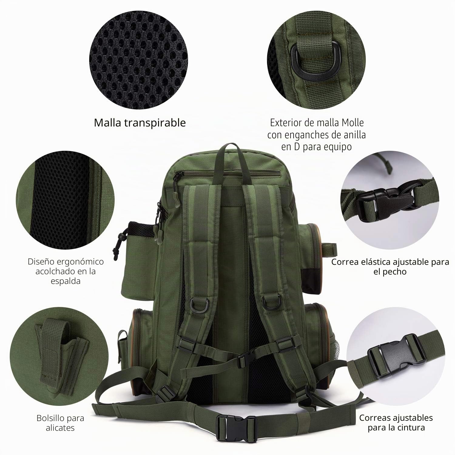 Bassdash Mochila de Pesca Bolsa táctica Ligera Resistente al Agua, Estuche de Pesca con portacañas y Cubierta Protectora contra la Lluvia
