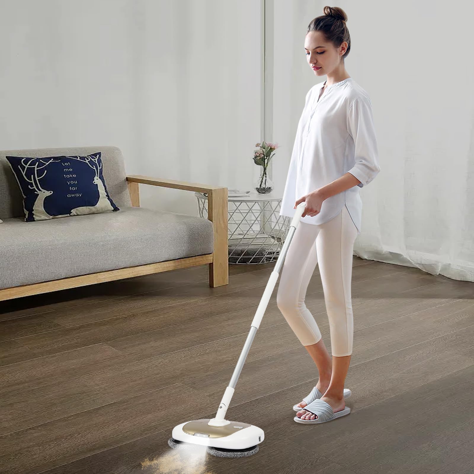 Elektrischer Wischmopp, Akku Bodenwischer, Wischer Elektrisch mit Reinigungseimer Schnurloser Mopp für Bodenreinigung 40W Leistung 2000mAh Akku 150 U/min für Fliesen Holzböden Laminat (Gold)