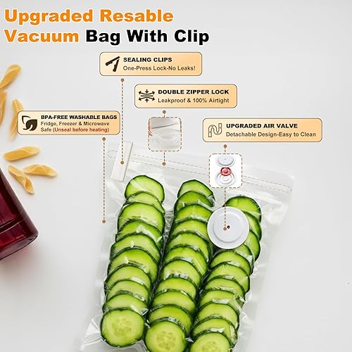 Miniatura 4 de Sellador al vacío para alimentos (máquina selladora al vacío compacta + 40 bolsas de vacío reutilizables), aspiradora de mano para conservación 10