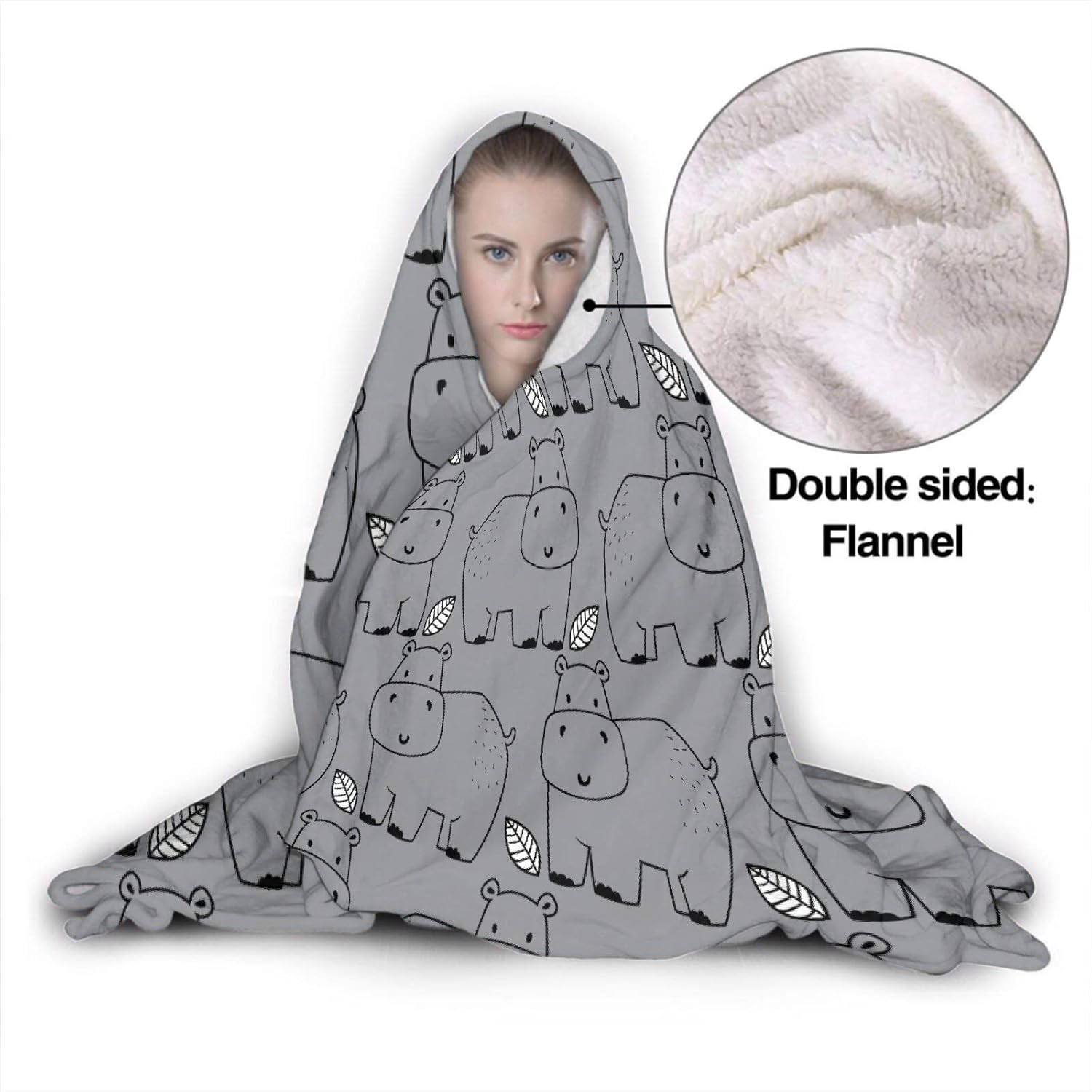 ARAHANT Cute Hippo Hooded Blanket, Cartoon Animal Hooded Blanket, Hippopotamus Gift for Kid, Flannel, Soft and Comfortable, Suitable for Sofa, Living Room, Bedroom, 60'' x 80'' for Adult
