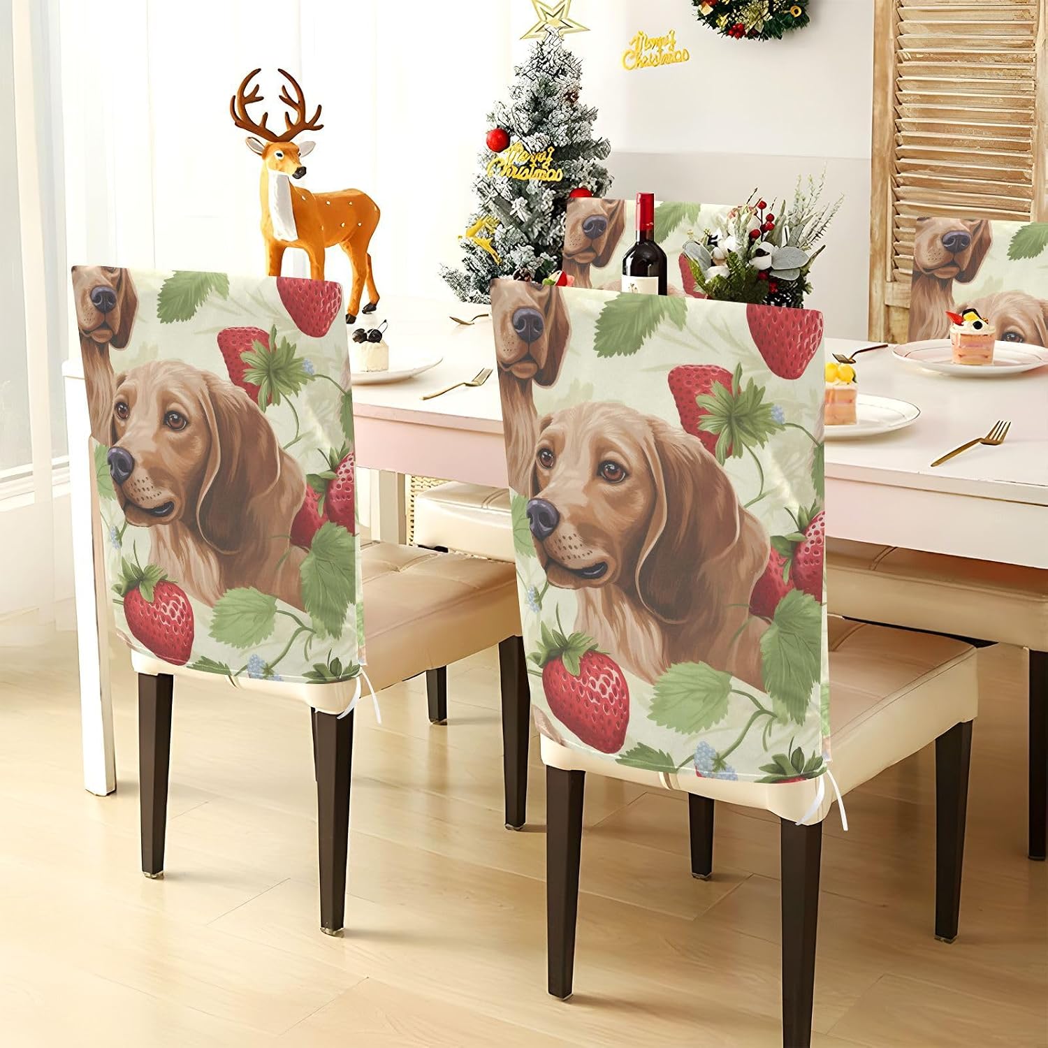 ALAZA Dogs and Strawberries Chair Back Cover Set of 6, Washable Reusable Removable Chair Slipcovers Decorative Chair Cover for Home Kitchen Wedding Party