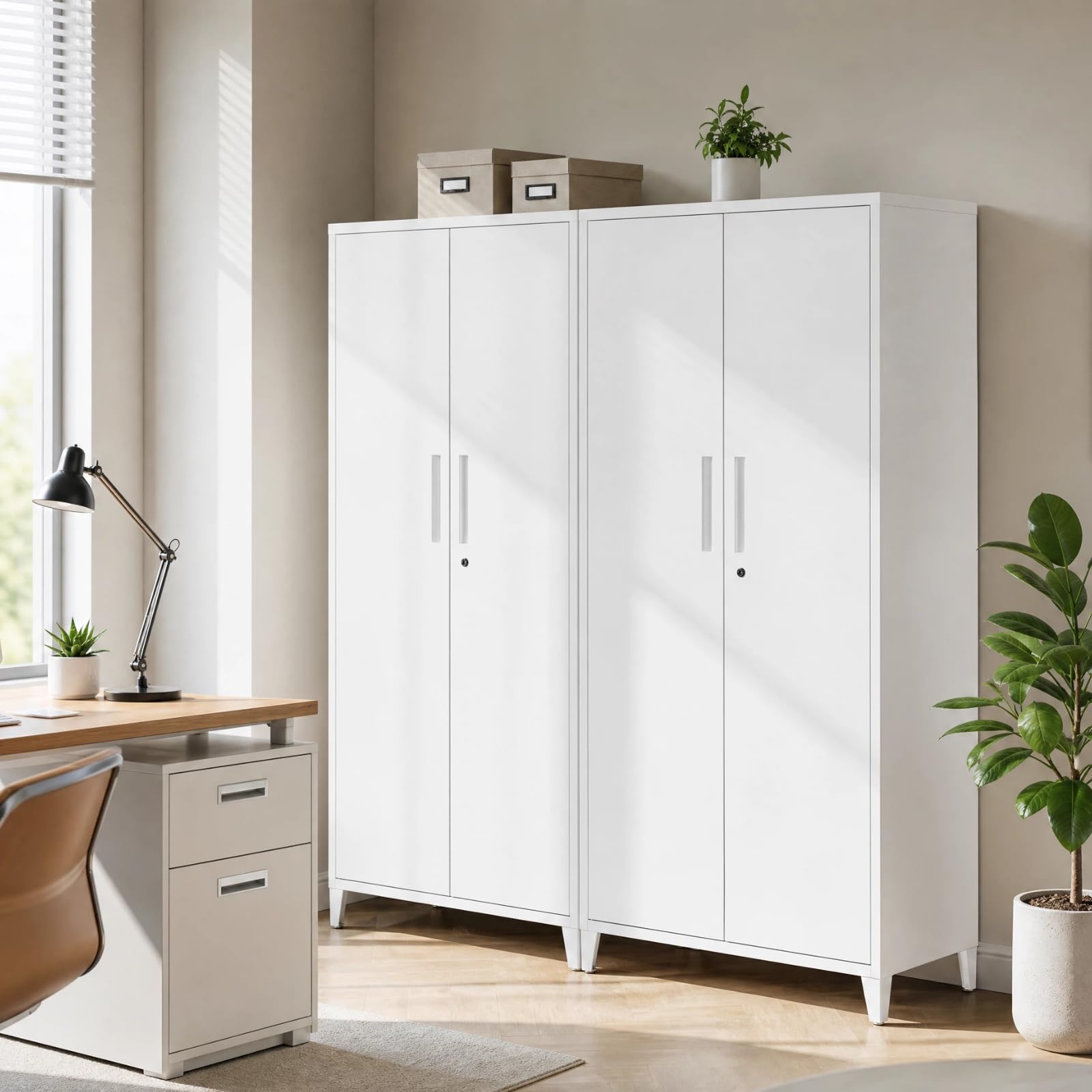 NORTHSKY Armoire de Rangement Métallique Verrouillable, Armoire à Dossiers Haute en Acier avec 2 Portes et Étagères Réglables, Armoire de Bureau/à Outils, Garage, Maison, Blanc